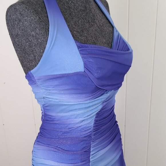Le Chateau Blue and Purple Ruched Taylor Swift inspired Halter Dress - Picture 9 of 12